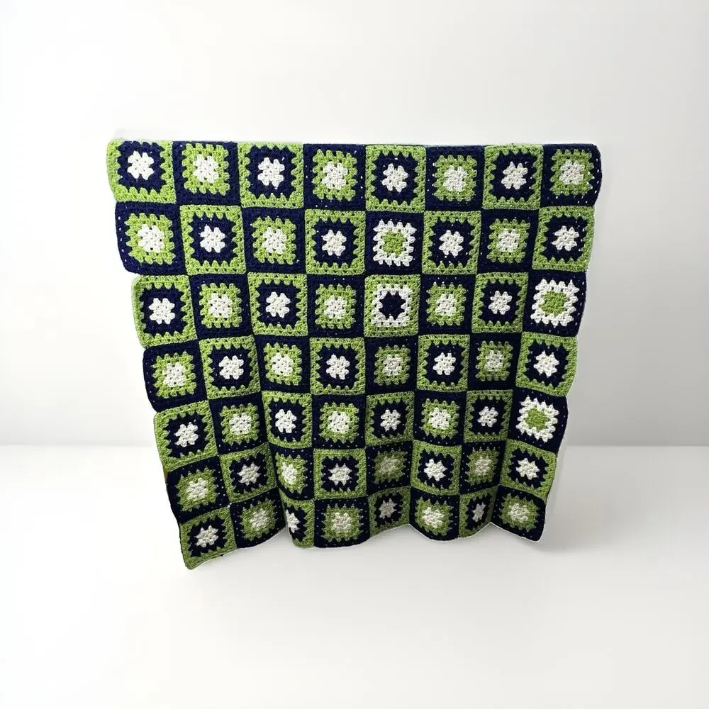 Navy Blue Green White Granny Square Handmade Crochet Blanket Vintage 44x66in
